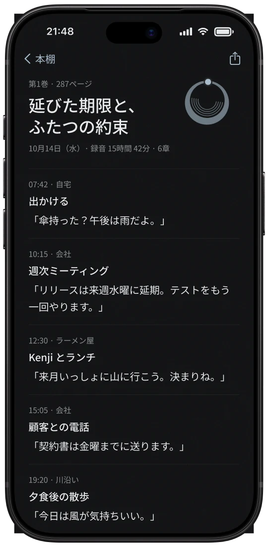 iPhone の閉じたページ：隅に日印、下に各章の発言