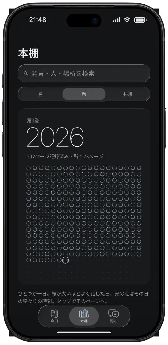 iPhone の本棚：第1巻 2026、一年分の日印が並ぶ