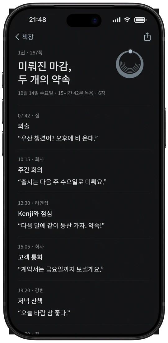 iPhone의 닫힌 페이지: 모서리에 하루 도장, 아래에 장마다의 말