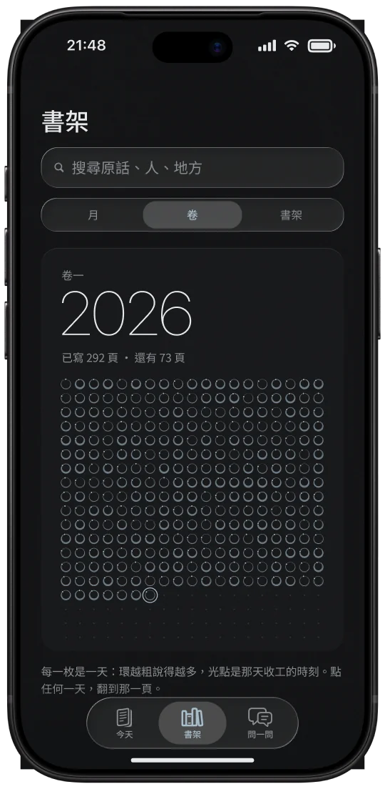 iPhone 上的書架：卷一 2026，一年的日印排成網格
